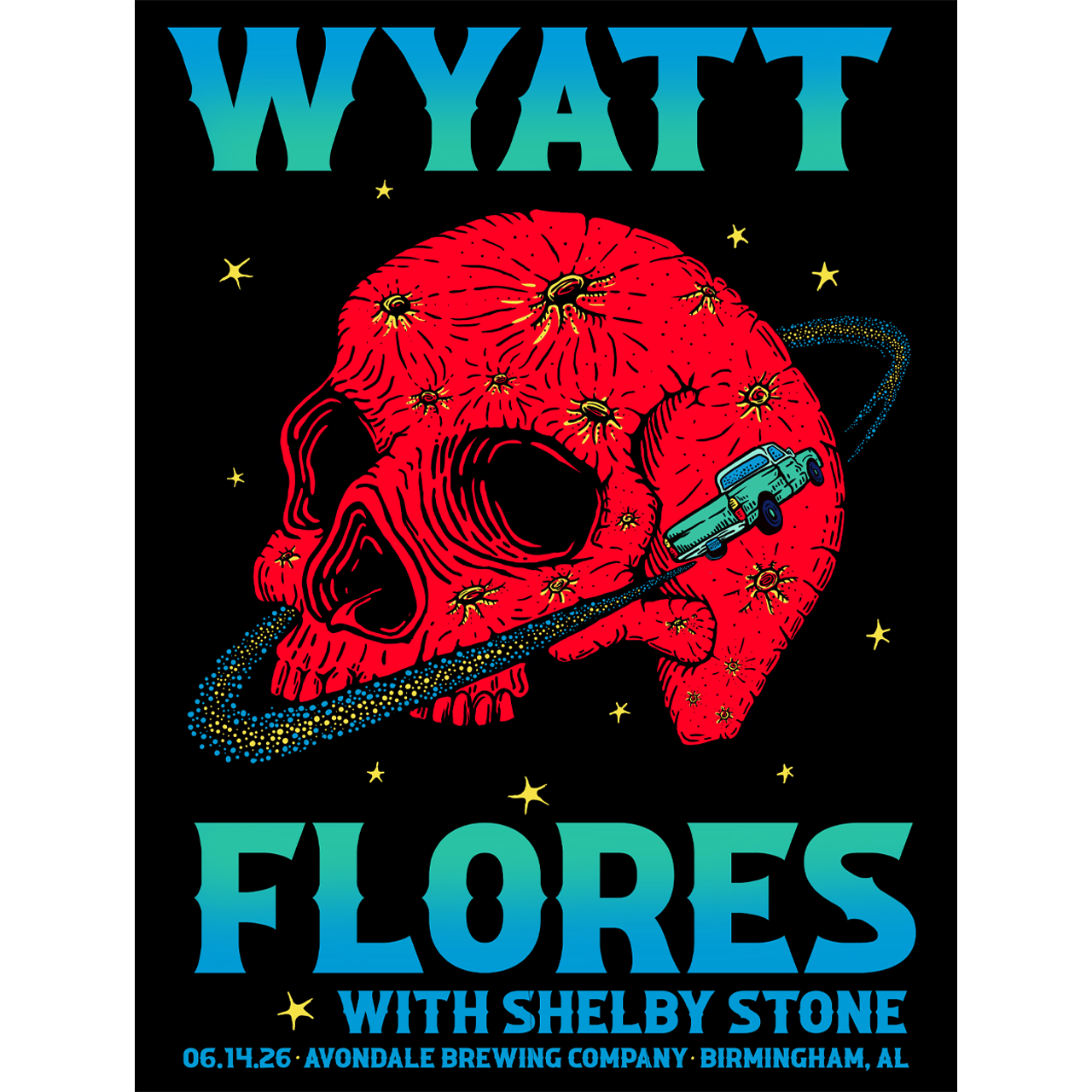 Promotional poster for Wyatt Flores with Shelby Stone at Avondale Brewing Company in Birmingham, AL.
