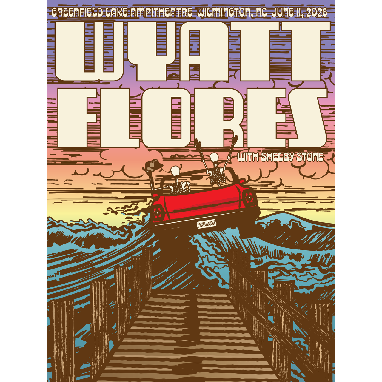 Promotional poster for Wyatt Flores with Smeggy Stone at Greenfield Lake Amphitheatre, Wilmington, NC on June 11, 2023.