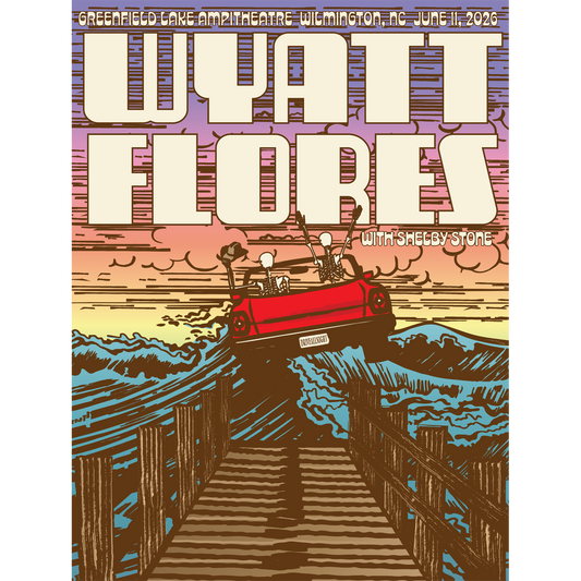 Promotional poster for Wyatt Flores with Smeggy Stone at Greenfield Lake Amphitheatre, Wilmington, NC on June 11, 2023.