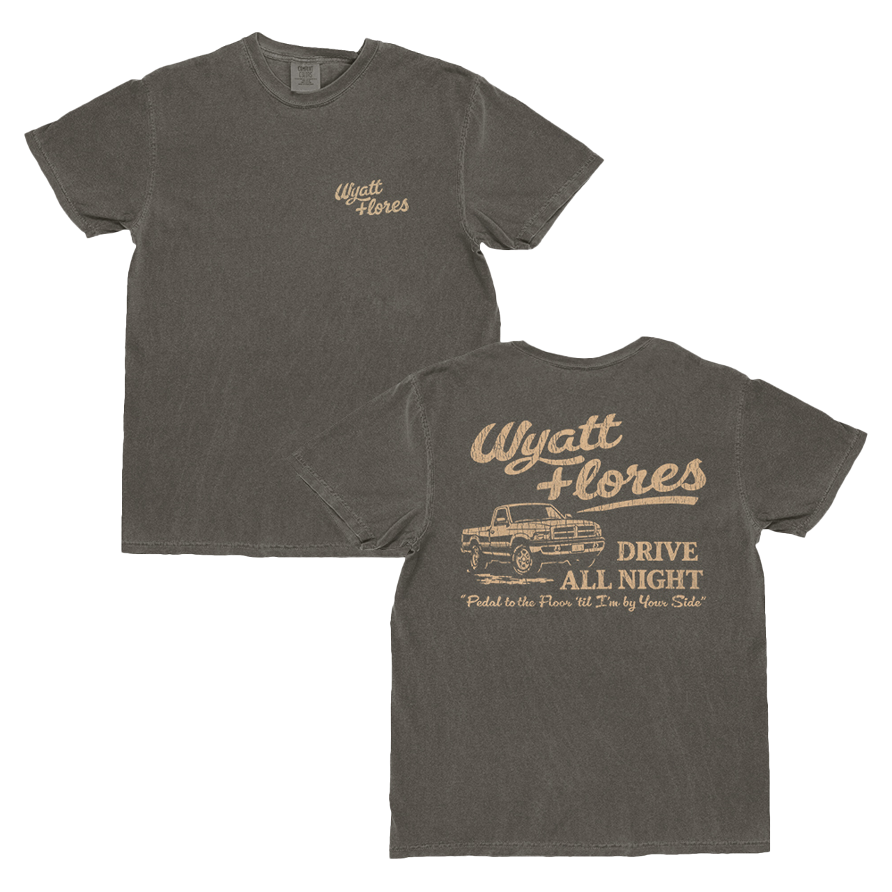Gray t-shirt with 'Wyatt Flores' branding on a white background