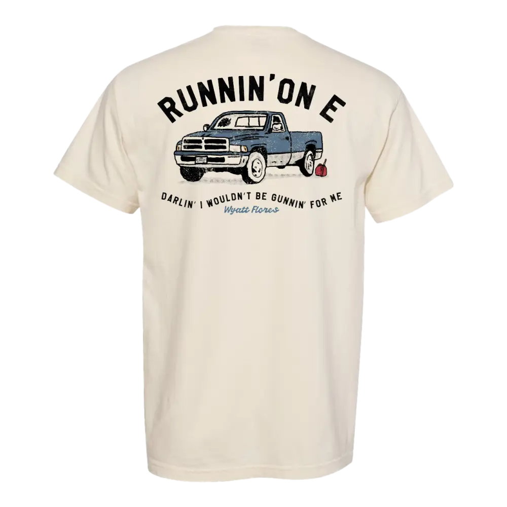 Beige t-shirt with a graphic of a truck and text on the back, on a white background