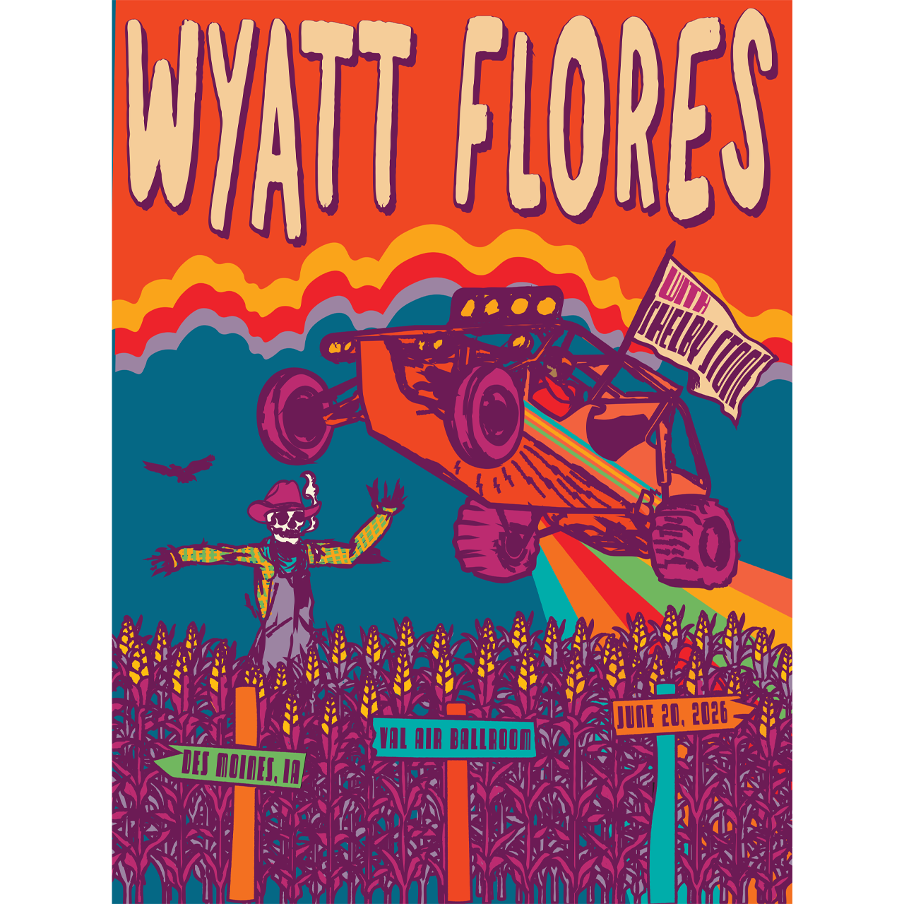 Colorful poster with 'Wyatt Flores' at the top, featuring a truck and scarecrow design.