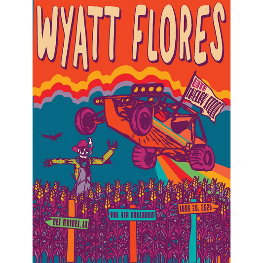 Colorful poster with 'Wyatt Flores' at the top, featuring a truck and scarecrow design.